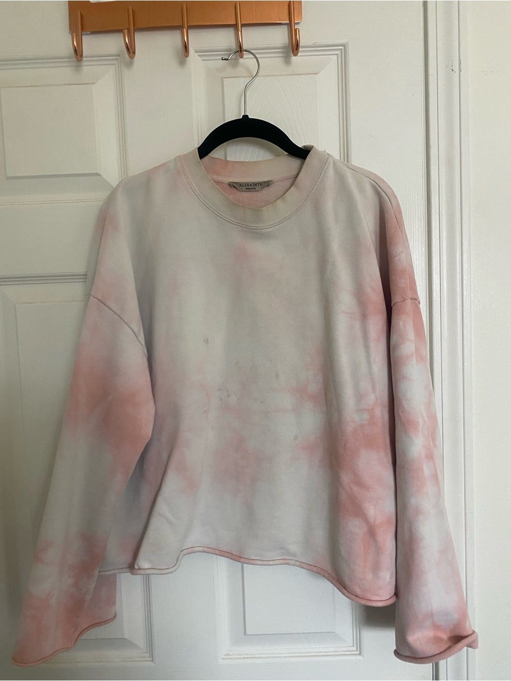 All Saints Tie-Dye Crewneck Sweatshirt in Pink and White